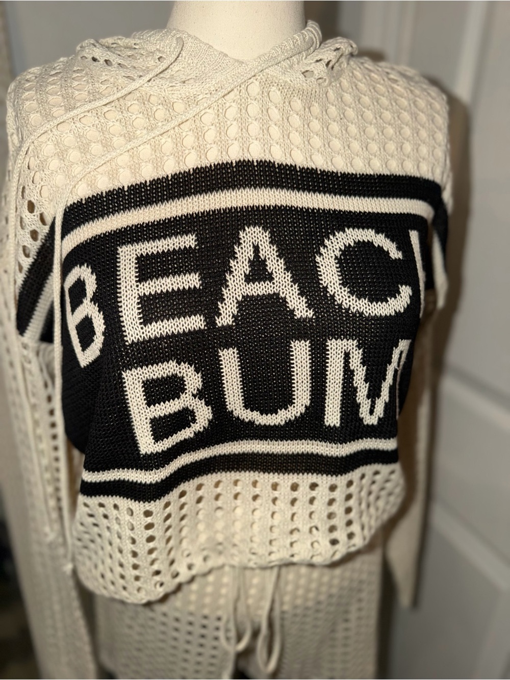 Beach Bum Crochet Hoodie & Shorts Coverup Set - Cream/Black - Picture 5 of 9